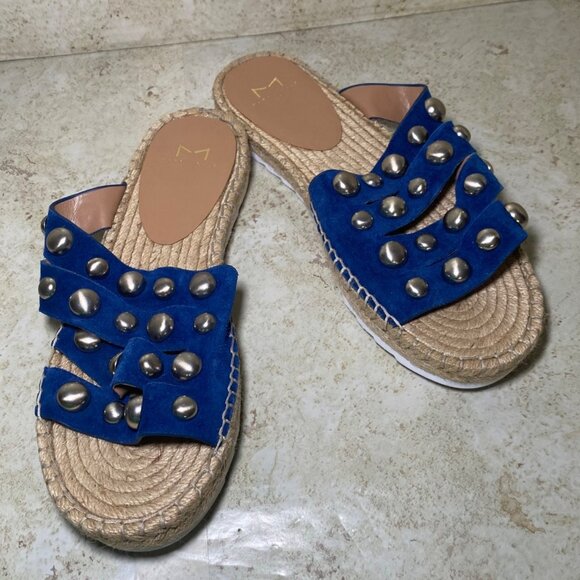 Marc Fisher Shoes - Womens Studded Blue Suede Espadrille‎  Sandals Jute Sole White Outsole - Size 9